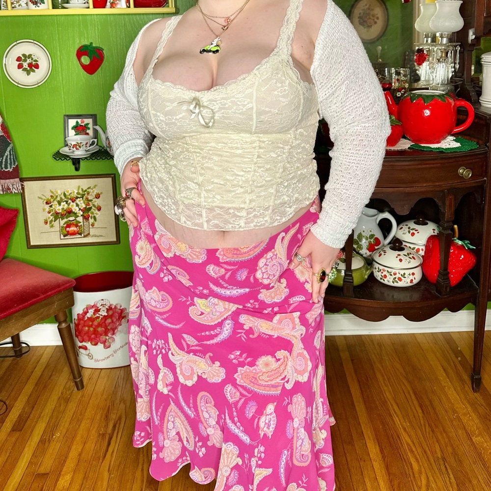 y2k fairycore boho pink, purple & orange paisley floral print midi skirt - Picture 4 of 6